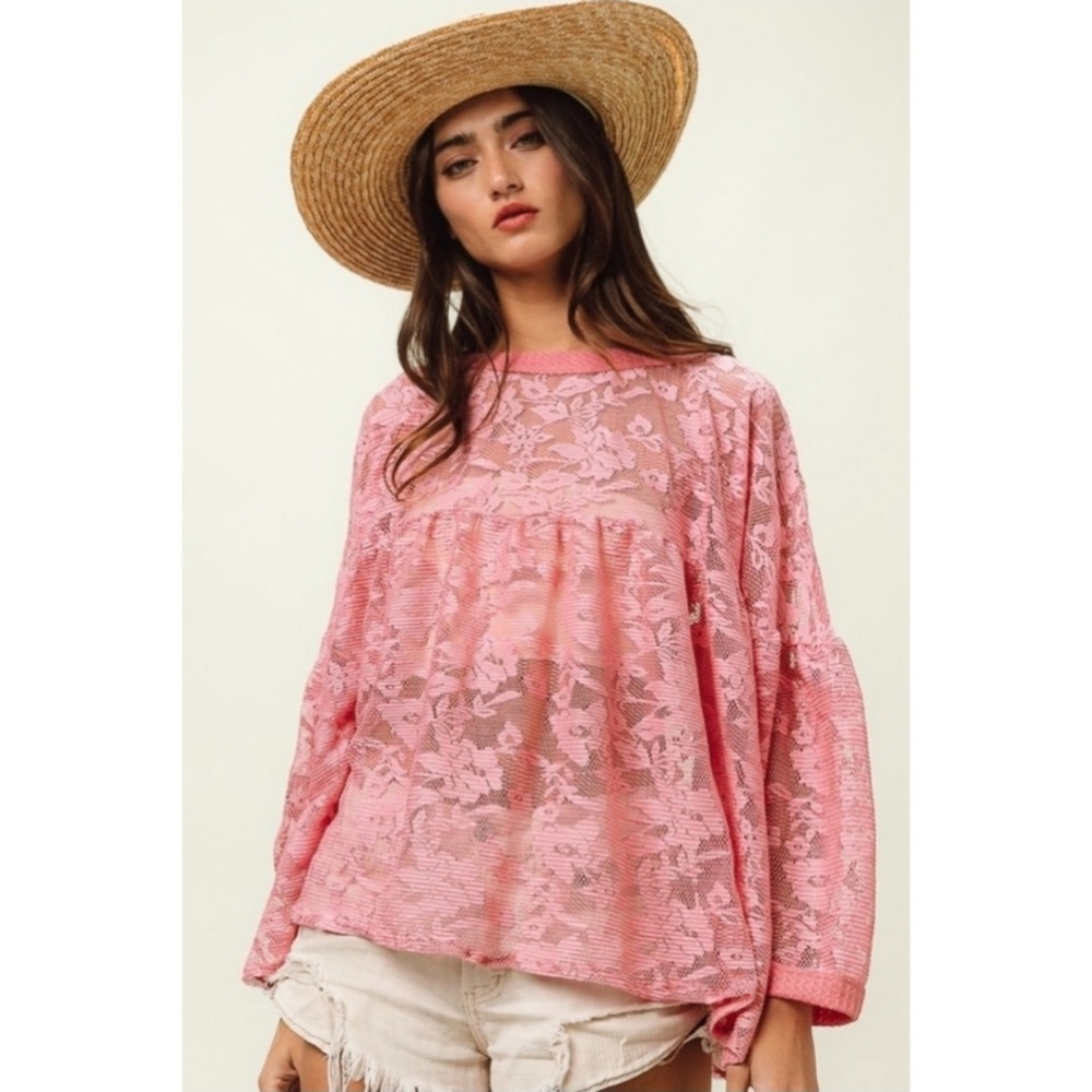 BiBi Pink Lace Floral Babydoll Top